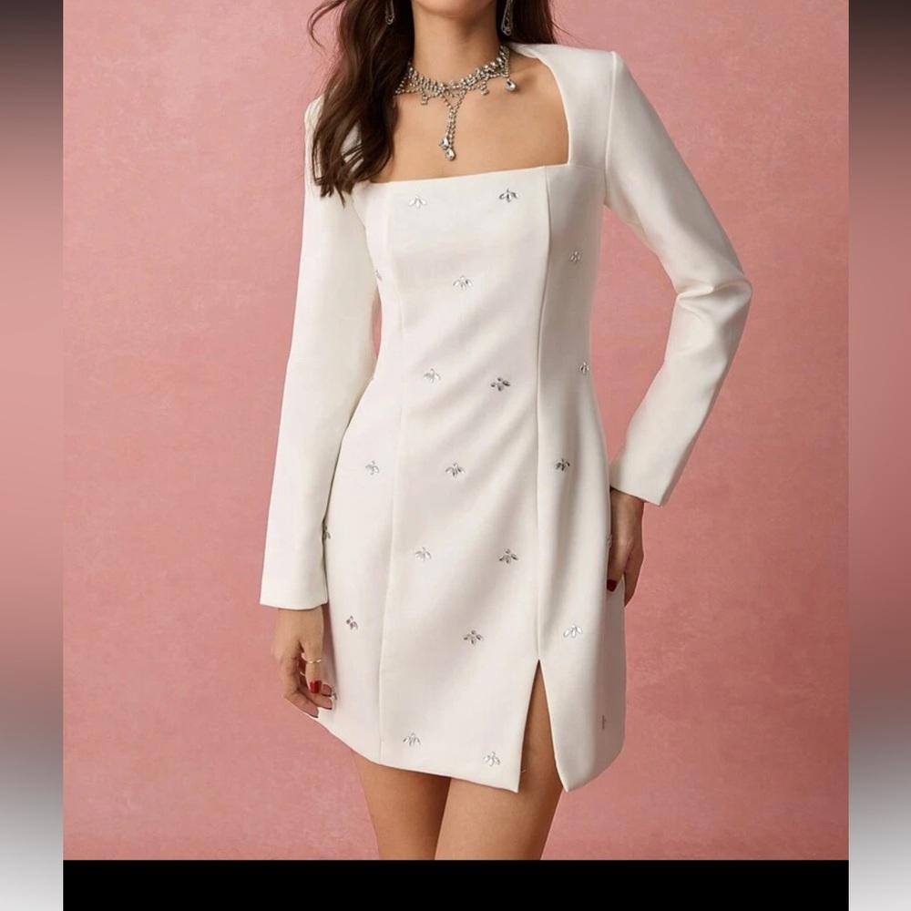 SHEIN White Long Sleeve Dress with Embellishments